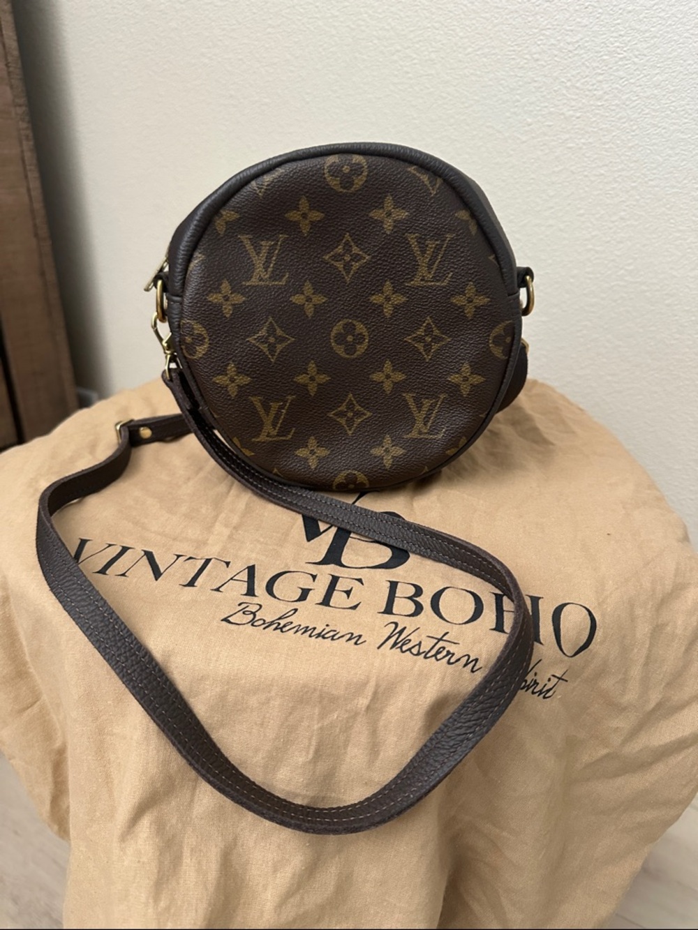 Designer Monogram Round Crossbody Bag in Brown and Gold